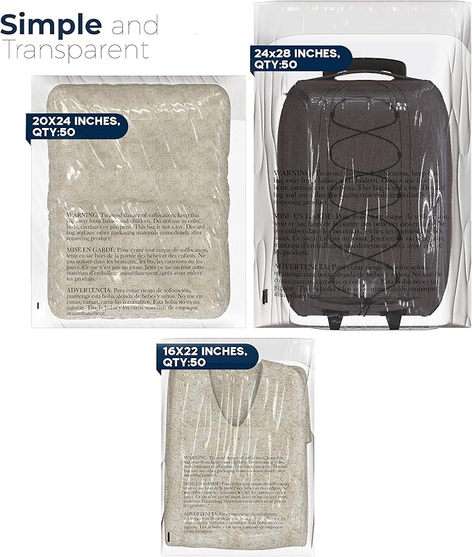 Poly Bags with Suffocation Warning 16x22, 20x24, 24x28 - X-Large Combo Pack of 150 (50 each size) - Clear Poly Bags by Retail Supply Co - Resealable