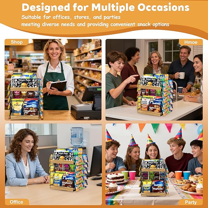 Chip Rack Display Stand, 6 Tiers 50 Clips Snack Organizer, 360° Rotating Wood Base Candy Display Rack, Portable Retail Display Shelf for Countertop, Office, Store, Kitchen, Party