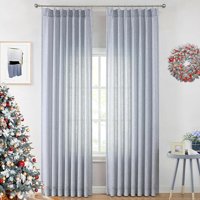 Vision Home Blue Pinch Pleated Semi Sheer Curtains Textured Light Filtering Window Curtains 84 inch for Living Room Bedroom Rayon Blended Chambray Blue Pinch Pleat Drapes with Hooks 2 Panels 40"Wx84"L