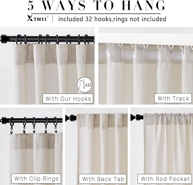 XTMYI 50 Inches Wide 105 Inches Long Country Curtains for Living Room,Sheer Linen Shabby Chic Curtains for Bedroom Oatmeal