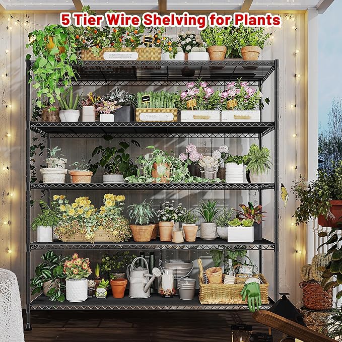 REIBII 45.8“W Metal Shelving Storage Shelves, 5-Tier Wire Shelving Unit,Heavy Duty Garage Shelving, Adjustable Storage Rack for Restaurant Pantry Kitchen Dining Room Supermarket Commercial Black
