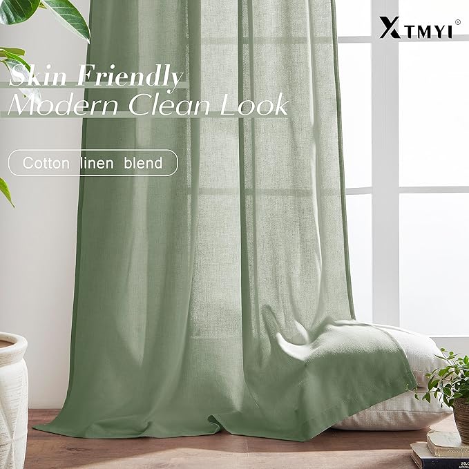 XTMYI 70 Inches Wide Sage Green 96 Inches Long Country Curtains for Living Room,Sheer Linen Curtains for Bedroom