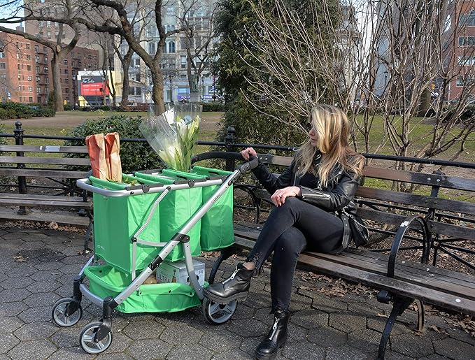 GreenCart Lightweight Cart with Reusable and Foldable 3 Bags Easy for Shopping and Carrying Groceries in Store (Black Frame + 3 Green Baskets)