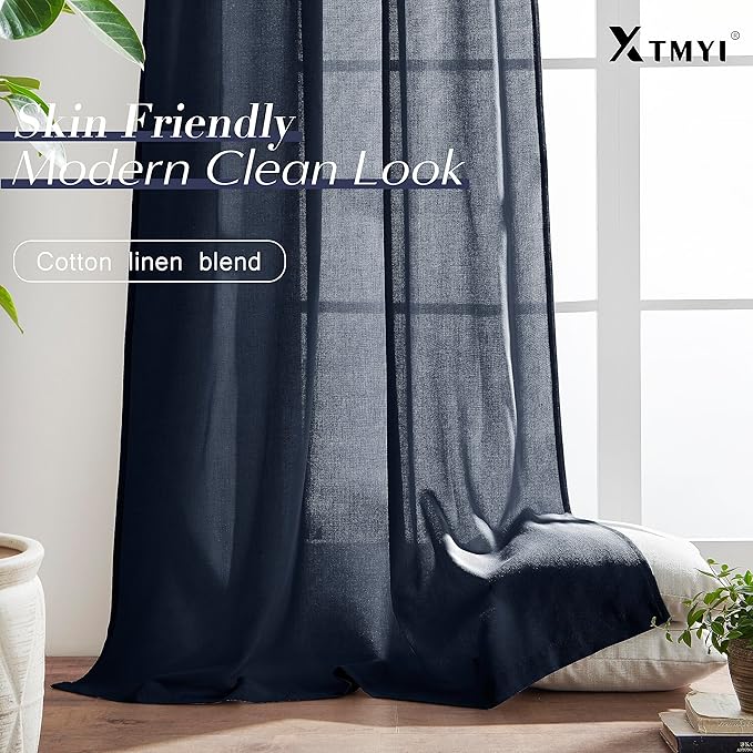 XTMYI Indigo Blue Curtains 108 Inches Long for Living Room 2 Panels Set Back Tab Hook Pleat Linen Extra Long Sheer Curtain Drapes for Dining Room,Total Wide 100 x 108 Inch Length,Dark Navy