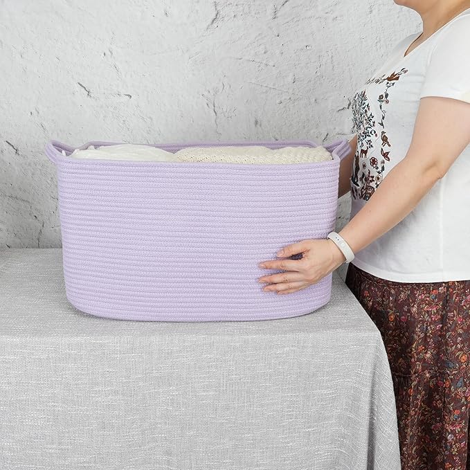 Large Rectangle Blankets Basket Living Room 22"x17"x12" Woven Cotton Rope Storage Baskets for Nursery Toy Basket for Kids Wicker Laundry Baskets Bin for Clothes Towels purple or Lavendor
