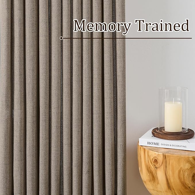 RAIN CITY 100 Inch Long Curtains Linen Khaki, Sheer Pinch Pleated Window Drapes Light Filtering Privacy Mid Century Modern Curtains for Bedroom Living Dining Room 50 by 100