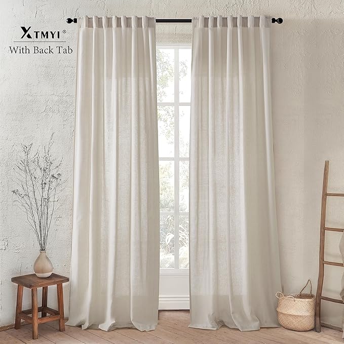 XTMYI 50 Inches Wide 105 Inches Long Country Curtains for Living Room,Sheer Linen Shabby Chic Curtains for Bedroom Oatmeal