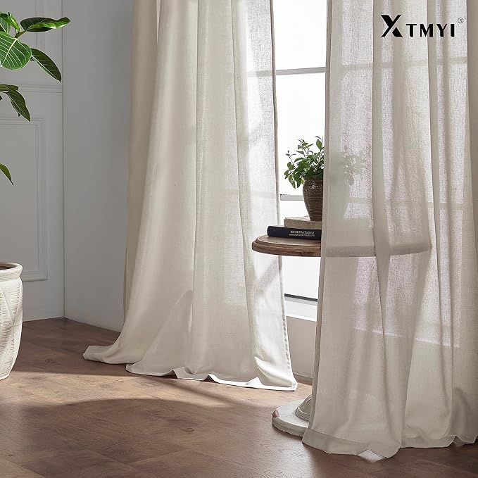 XTMYI Oatmeal Beige Back Tab/Hook Belt Linen Cotton Sheer Curtains 63 Inch Length for Bedroom Living Room