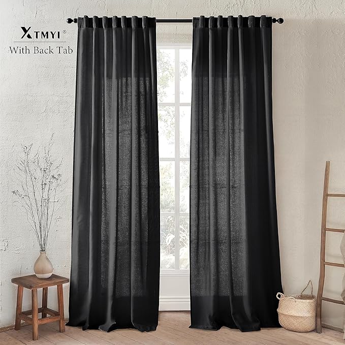 XTMYI Back Tab/Hook Belt Linen Cotton Sheer Curtains for Bedroom,2 Panels,102 Inch Length,Black 50 Inch Wide