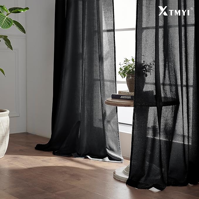 XTMYI Back Tab/Hook Belt Linen Cotton Sheer Curtains for Bedroom,2 Panels,102 Inch Length,Black 50 Inch Wide