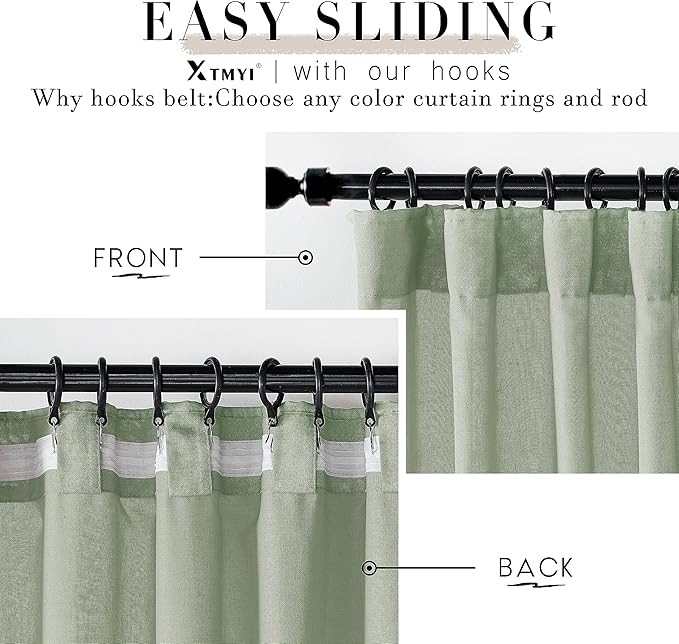 XTMYI Country Curtains for Living Room,Sheer Linen Curtains for Bedroom 90 Inches Long,70 Inches Wide Sage Green
