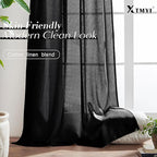 XTMYI Black Sheer Curtains 84 Inches Long for Bedroom Linen Back Tab Pleated No Grommets Semi Privacy Light Filtering Boho Window Drapes for Living Room,84 Length 2 Panels Set