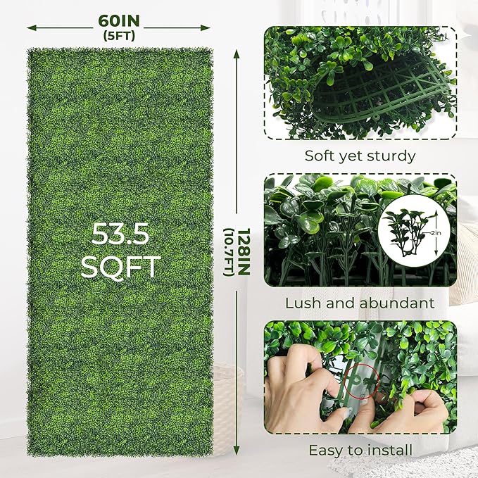 Artificial Boxwood Roll Panels: 60"x128" (53.5 sqft) UV-Anti Faux Hedge Privacy Screen - 4-Layer Fake Greenery Ivy Vine Grass Wall for Garden, Patio, and Balcony Backdrop Decoration