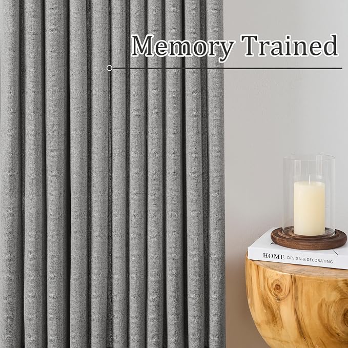 Grey Pinch Pleated Curtains 100 Inches Long 2 Panels, Soft Linen Textured Window Drapes for Bedroom Living Room Semi Sheer Light Filtering Back Tab with Hooks 70x100