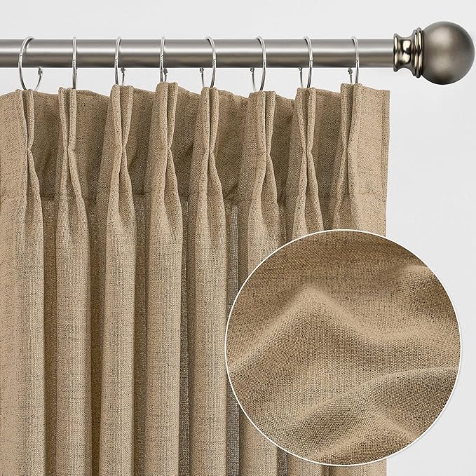 Dark Flax Pinch Pleated Linen Curtains 96 Inches Long Semi Sheer Memory Trained Ripple Fold Curtain with Hooks Back Tab Textured Light Filtering Drapes for Bedroom Living Room 42x96 Set of 2