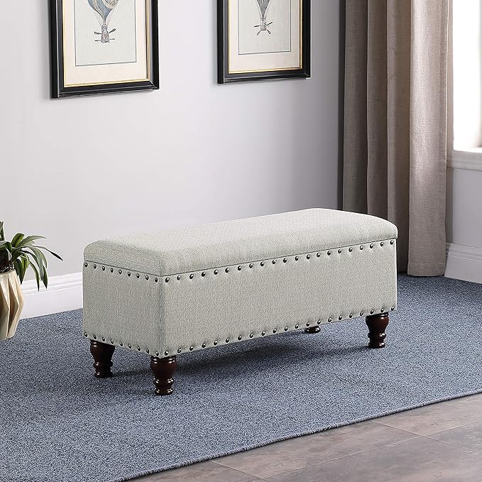 Homepop Home Decor | Upholstered Bench with Nailhead Trim | Large Ottoman with Storage for Living Room & Bedroom | Decorative Home Furniture, Gray Woven