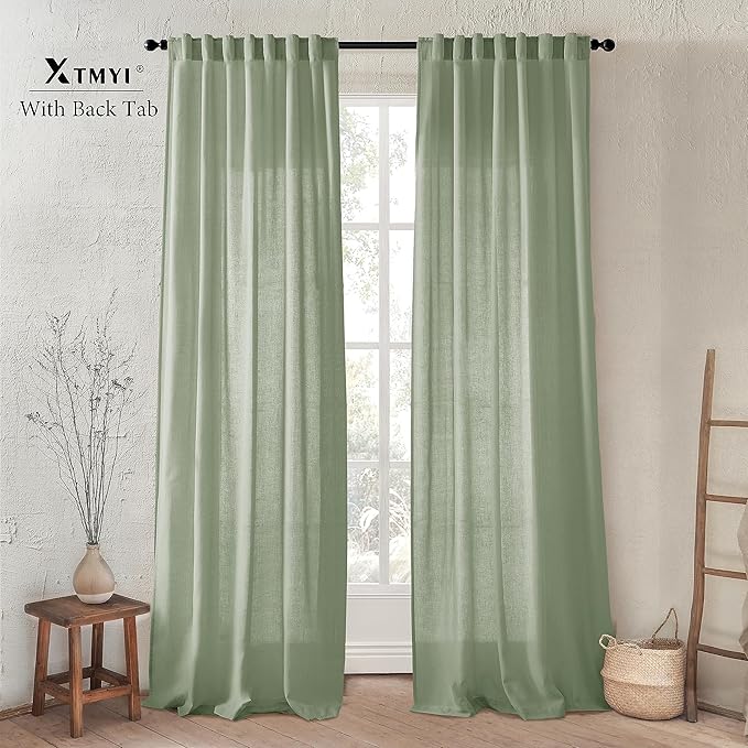 XTMYI Sage Green Curtains 84 Inches Long for Living Room,Window Coverings 60-70% Heat Blocking Hooks Pleated Back Tab Linen Summer Curtains for Bedroom,84 Inch Length 2 Panels Set,Light Green