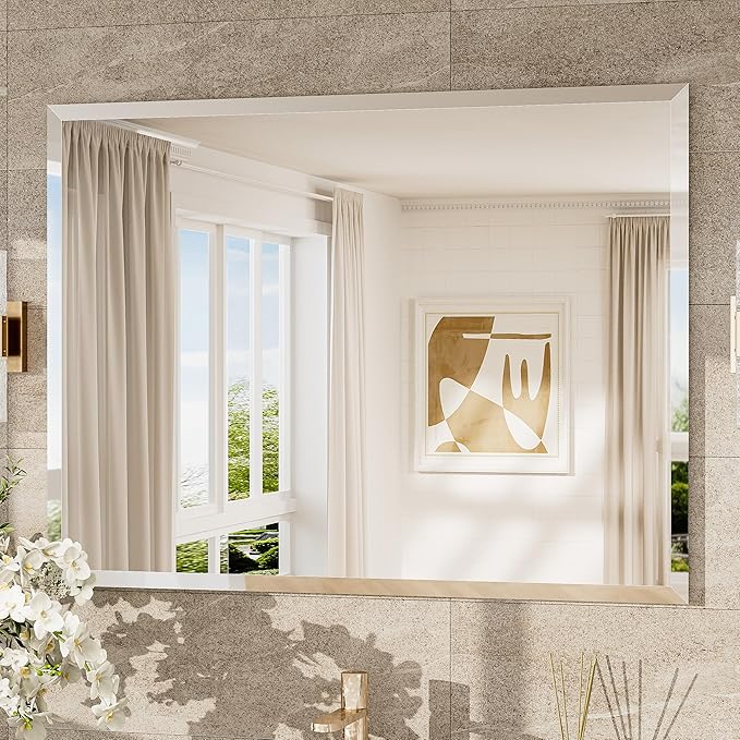 TokeShimi 40x30 Frameless Mirror Bathroom Rectangle, Bathroom Vanity Mirror Beveled with 1" Beveled Edge, Shatterproof Farmhouse Mirrored Wall Mounted for Living Room, Entryway, Restroom