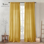 XTMYI Yellow Curtains 96 Inches Long for Living Room,Colorful Bright Mustard Mid Century Modern Decor,Linen Sheer Bohemian MCM Curtains for Bedroom 2 Panel Set,Dark Ocher