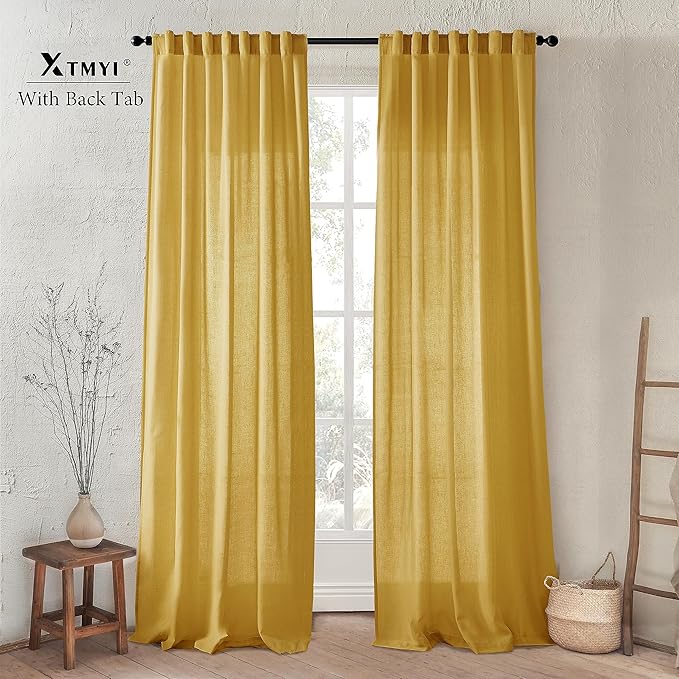 XTMYI Mustard Yellow Sheer Curtains 84 Inches Long for Spring Living Room 2 Panels Set Linen Textured Back Tab Pleated Gold Yellow Boho Retro Curtains for Bedroom Dining Room Kids Playroom,7ft Length