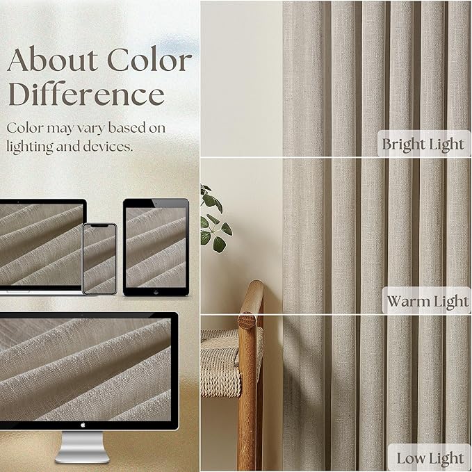 Flax Linen Curtains Pinch Pleated 84 Inch Length 2 Panels for Living Room Bedroom Burlywood Birch Semi Sheer Rustic Farmhouse Back Tab Pinch Pleat Hooks Rings Window Curtain 84 Inches Long Taupe