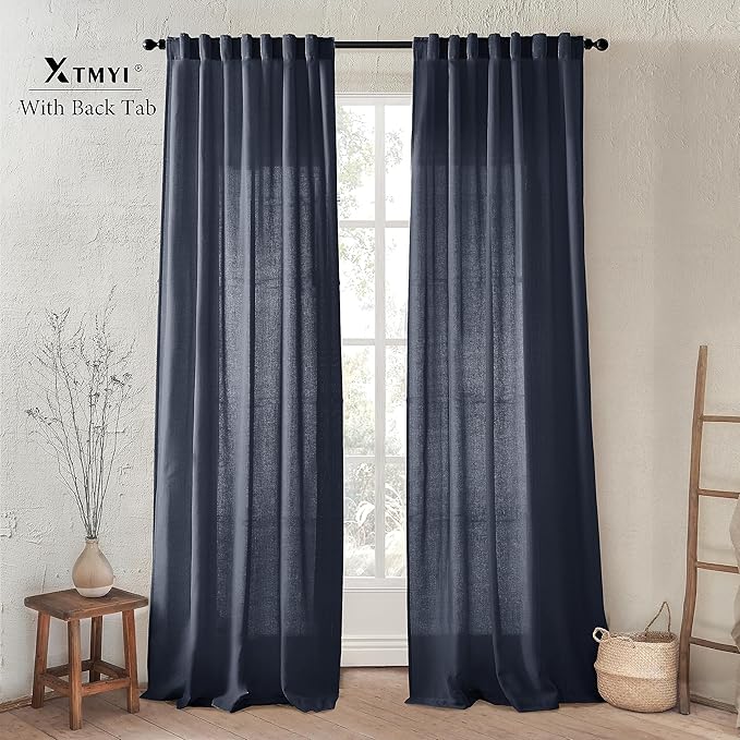 XTMYI Navy Blue Curtains 96 Inches Long,Linen Semi Sheer Gaming Gamer Curtains for Boys Room Men Bedroom Man Cave Office,96in Length 2 Panels Set,Dark Ocean