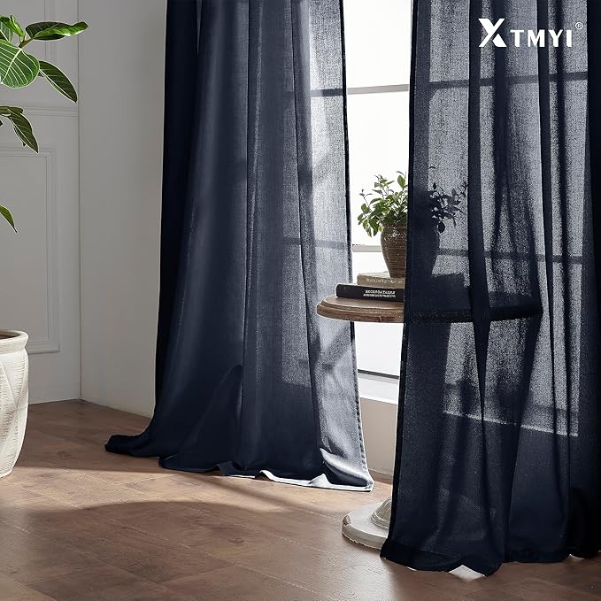 XTMYI Navy Blue Curtains 84 Inch Lengh,Linen Sheer Back Tab Hooks Pleated Light Filtering Dark Blue Kids Curtains for Boys Bedroom Living Room 2 Panel Set,Midnight/Indigo