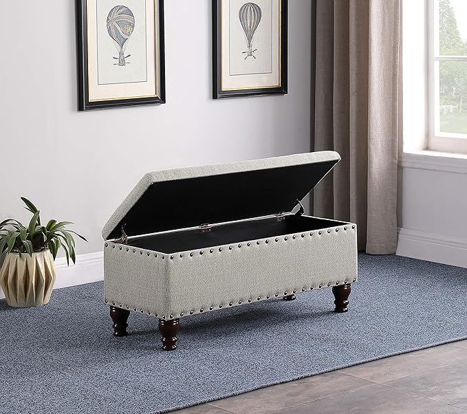 Homepop Home Decor | Upholstered Bench with Nailhead Trim | Large Ottoman with Storage for Living Room & Bedroom | Decorative Home Furniture, Gray Woven