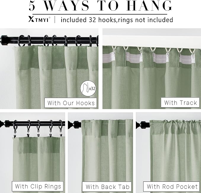 XTMYI Sage Green Curtains 84 Inches Long for Living Room,Window Coverings 60-70% Heat Blocking Hooks Pleated Back Tab Linen Summer Curtains for Bedroom,84 Inch Length 2 Panels Set,Light Green