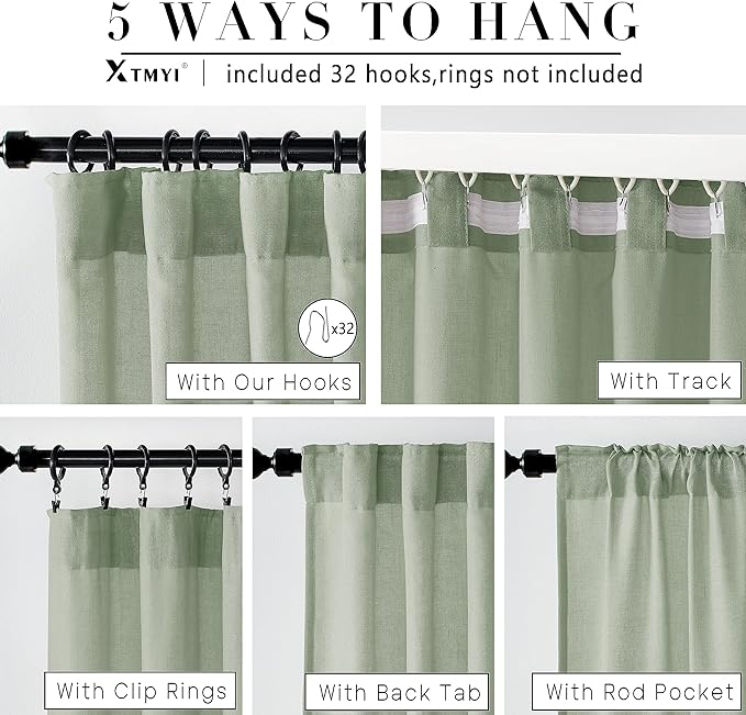 XTMYI Country Curtains for Living Room,Sheer Linen Curtains for Bedroom 90 Inches Long,70 Inches Wide Sage Green
