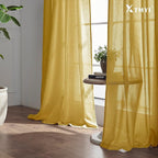 XTMYI Mustard Yellow Sheer Curtains 84 Inches Long for Spring Living Room 2 Panels Set Linen Textured Back Tab Pleated Gold Yellow Boho Retro Curtains for Bedroom Dining Room Kids Playroom,7ft Length