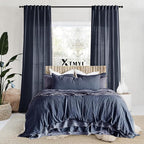 XTMYI Navy Blue Curtains 84 Inch Lengh,Linen Sheer Back Tab Hooks Pleated Light Filtering Dark Blue Kids Curtains for Boys Bedroom Living Room 2 Panel Set,Midnight/Indigo