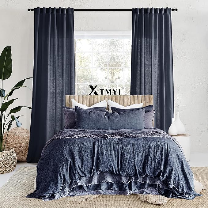 XTMYI Navy Blue Short Length Curtains for Windows,Linen Sheer Cutains for Bedroom Kitchen,45 Inch Long