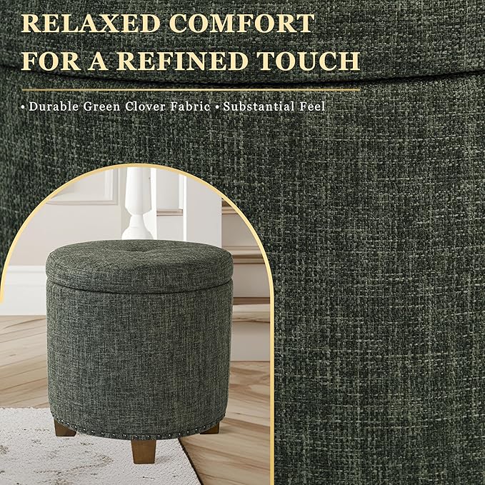 Homepop Home Decor | Upholstered Round Storage Ottoman with Nailheads| Ottoman with Storage for Living Room & Bedroom, Green Clover Fabric