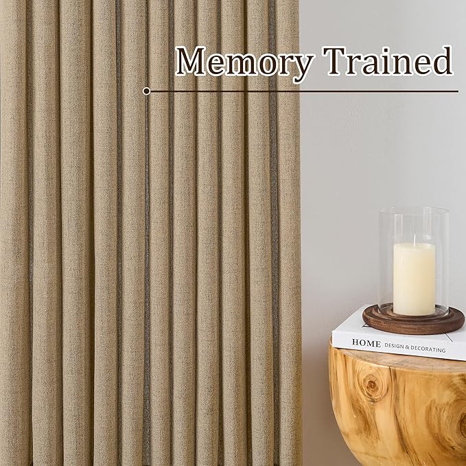 Dark Flax Pinch Pleated Linen Curtains 90 Inches Long Semi Sheer Memory Trained Ripple Fold Curtain with Hooks Back Tab Textured Light Filtering Drapes for Bedroom Living Room 42x90 Set of 2