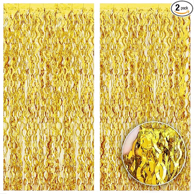 KatchOn, Large Wave Gold Backdrop Curtain - Pack of 2 | Gold Streamer Backdrop for NYE Decor | Golden Fringe Backdrop for New Years Decorations 2026, Golden Birthday Decorations, Bridal Shower