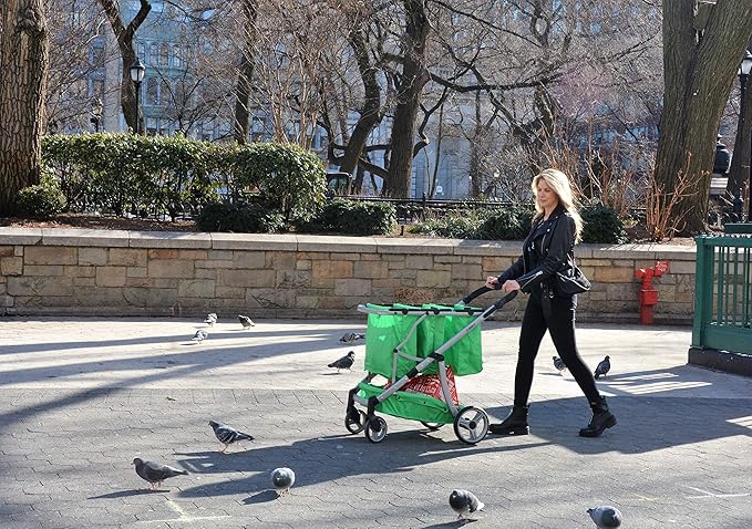 GreenCart Lightweight Cart with Reusable and Foldable 3 Bags Easy for Shopping and Carrying Groceries in Store (Black Frame + 3 Green Baskets)