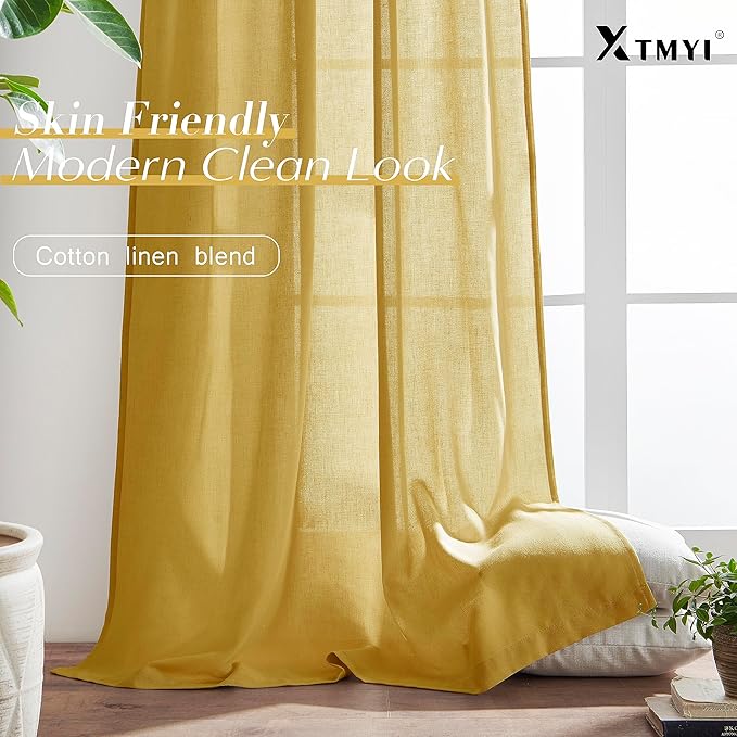 XTMYI Mustard Yellow Sheer Curtains 84 Inches Long for Spring Living Room 2 Panels Set Linen Textured Back Tab Pleated Gold Yellow Boho Retro Curtains for Bedroom Dining Room Kids Playroom,7ft Length