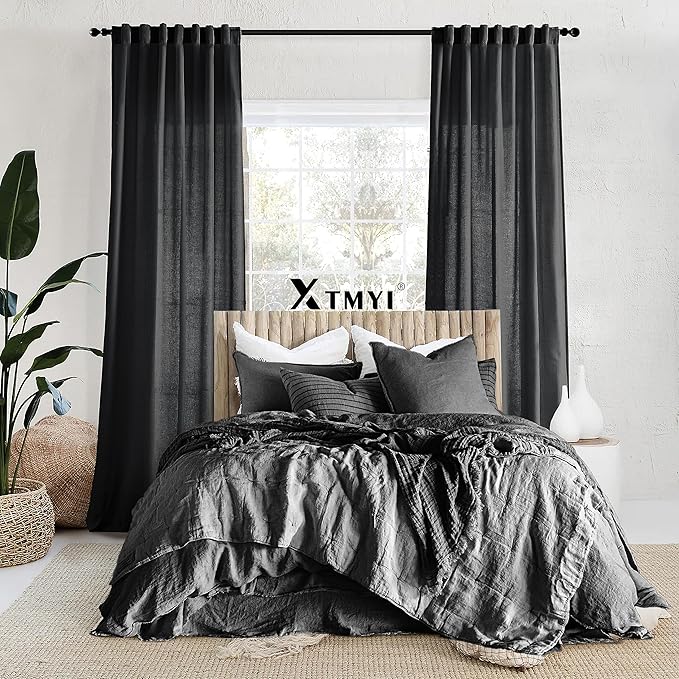 XTMYI Black Sheer Curtains 84 Inches Long for Bedroom Linen Back Tab Pleated No Grommets Semi Privacy Light Filtering Boho Window Drapes for Living Room,84 Length 2 Panels Set