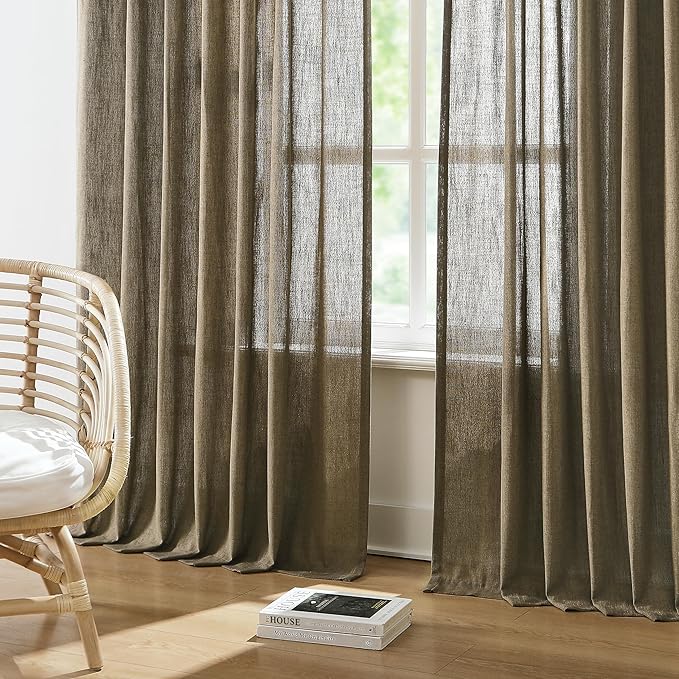 Vision Home Brown Pinch Pleated Semi Sheer Curtains Textured Linen Blended Light Filtering Window Curtains 84 inch for Living Room Bedroom Pinch Pleat Drapes with Hooks 2 Panels 40" Wx84 L