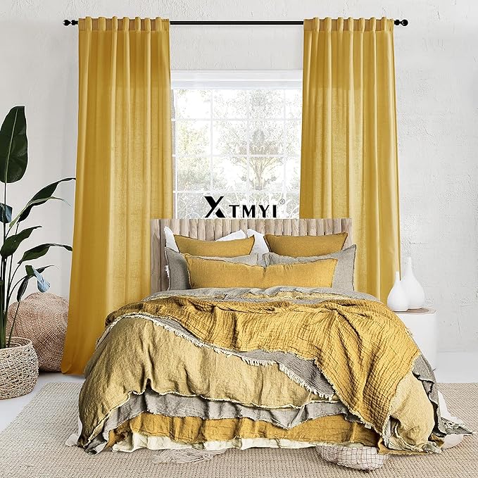 XTMYI Yellow Curtains 96 Inches Long for Living Room,Colorful Bright Mustard Mid Century Modern Decor,Linen Sheer Bohemian MCM Curtains for Bedroom 2 Panel Set,Dark Ocher