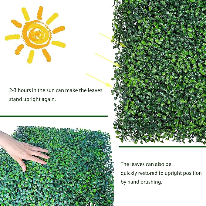 Artificial Grass Wall Backdrop Panels: 10 by 10 in (24 Pcs) UV-Anti Greenery Boxwood Panels for Indoor Outdoor Green Wall Decor & Ivy Fence Covering Privacy