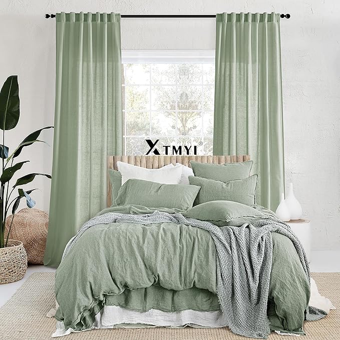 XTMYI Sage Green Back Tab/Hook Belt Linen Cotton Sheer Curtains 45 Inch Length for Bathroom Bedroom 2 Panels Set