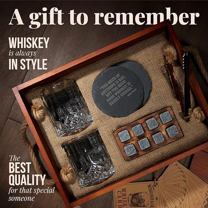 Mixology & Craft Premium Whiskey Set | Two 10oz Cystal Old-Fashioned Glasses, 8 Granite Chilling Stones, Metal Tongs, Recipe Cards in Rustic Wooden Crate Gift Set | Jameson Whiskey