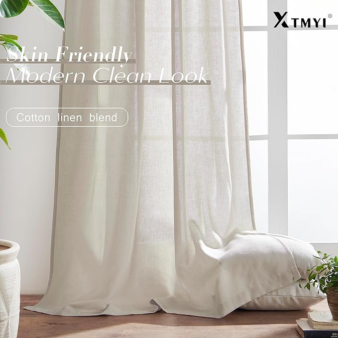 XTMYI Oatmeal Beige Back Tab/Hook Belt Linen Cotton Sheer Curtains 72 Inch Length for Bedroom 2 Panels Set