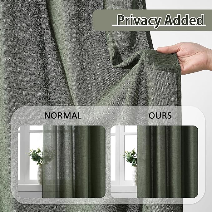 RAIN CITY 2 PCs Olive Green Linen Sheer Pinch Pleat Curtains 96 Inch Long for Living Room,Pleated Drape with Hooks Back Tab Boho Decor, Olive Forest Loden Privacy Curtains for Bedroom 42x96 in