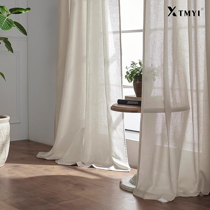 XTMYI 50 Inches Wide 105 Inches Long Country Curtains for Living Room,Sheer Linen Shabby Chic Curtains for Bedroom Oatmeal