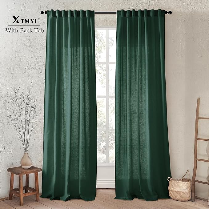 XTMYI Forest Green Curtains 96 Inches Long for Living Room,Light Filtering Back Tab Hooks Pleated Semi Sheer Dark Academia Curtains for Room Decor Bedroom 96 Length 2 Panels