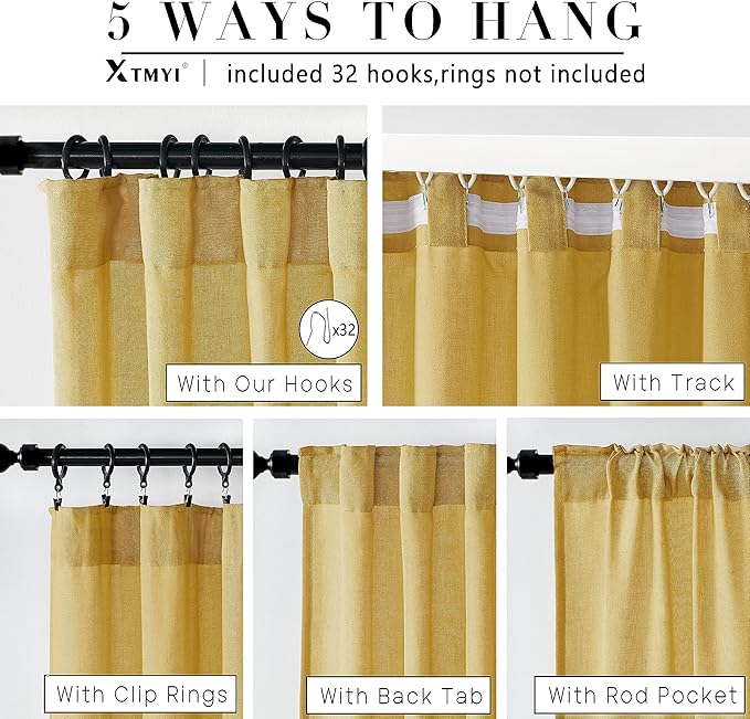 XTMYI Yellow Curtains 96 Inches Long for Living Room,Colorful Bright Mustard Mid Century Modern Decor,Linen Sheer Bohemian MCM Curtains for Bedroom 2 Panel Set,Dark Ocher