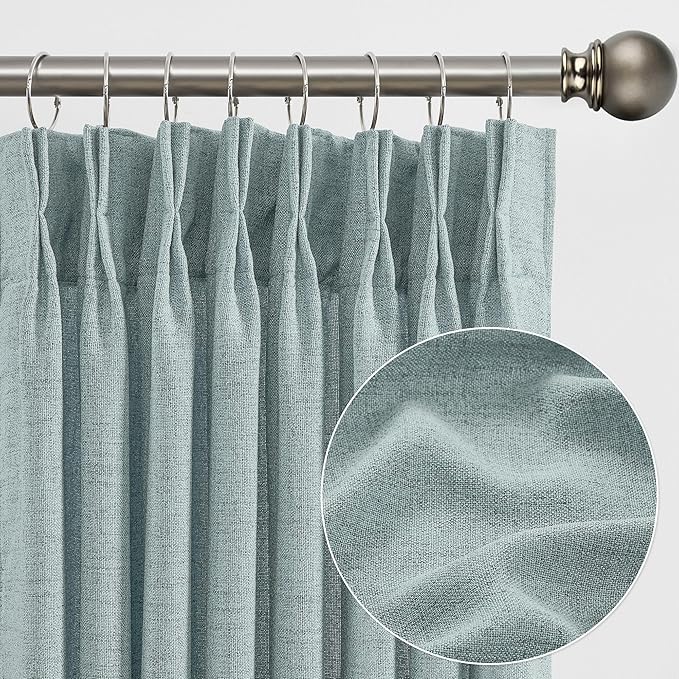 Light Blue Linen Pinch Pleat Curtains 92 Inches Long 50 Wide Per Panel Pleated Semi Sheer Textured Drapes Hooks Back Tab Coastal Modern Light Filtering Curtain 2 Panels Set